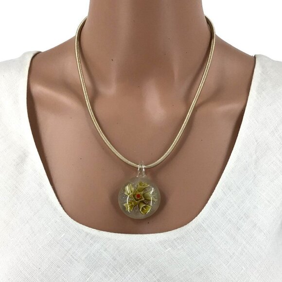 Glass Pendant Chord Necklace Adjustable Length Neutral tones Cream Green - Picture 4 of 4